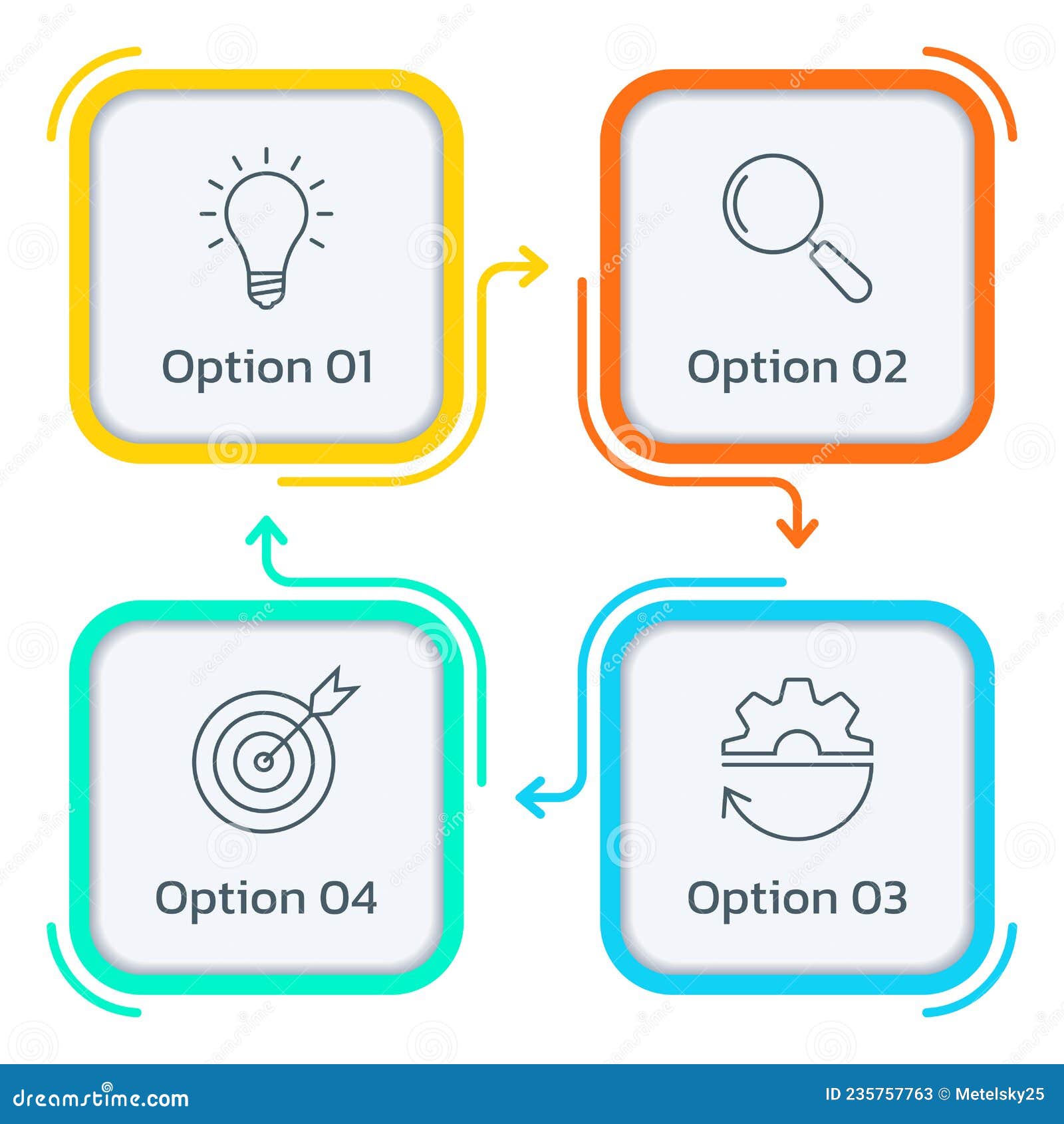 4 steps or parts infographic  with arrows and business icons. four square ingo graphic.